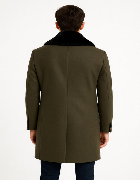 Mens Olive Green Wool Overcoat with Black Faux Fur Shawl Collar – Double Breasted Winter Coat