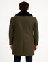Mens Olive Green Wool Overcoat with Black Faux Fur Shawl Collar – Double Breasted Winter Coat