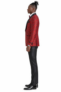 Men's One Button Slim Fit Shiny Paisely Floral Vested Prom Tuxedo In Red