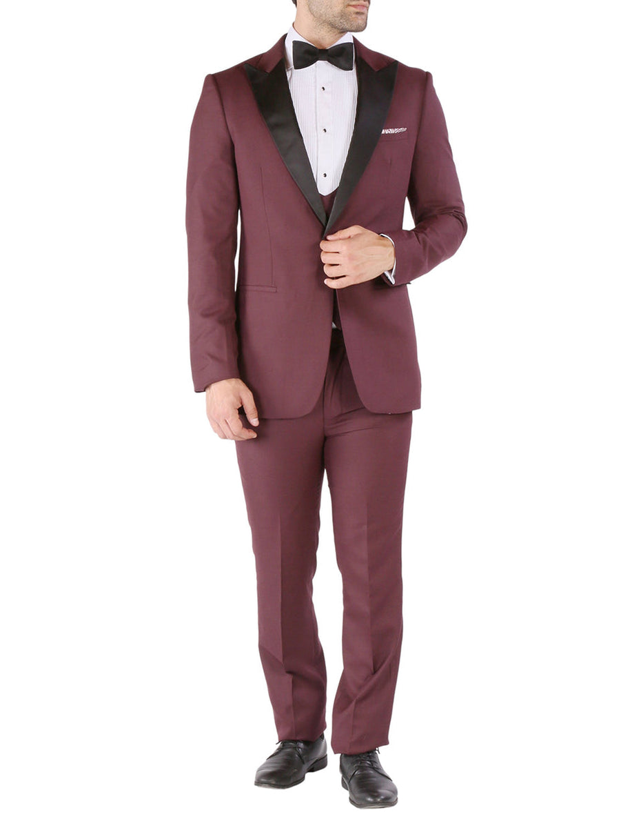 Men's 1 button style Peak Lapel Vested Slim fitted Burgundy ~ Wine ~ Maroon Suit main image 0