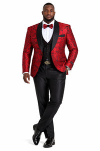 Men's One Button Slim Fit Shiny Paisely Floral Vested Prom Tuxedo In Red