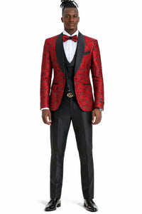 Men's One Button Slim Fit Shiny Paisely Floral Vested Prom Tuxedo In Red