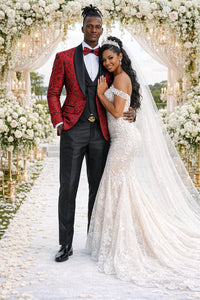Men's One Button Slim Fit Shiny Paisely Floral Vested Prom Tuxedo In Red