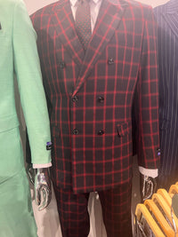 Mens Red and Black Plaid Double-Breasted Suit – Slim Fit Checkered 2 Piece Formal Business Outfit