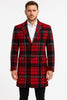 Mens Red and Black Plaid Wool Overcoat with Notch Lapel