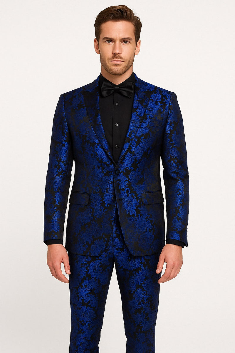 metallic tuxedo dress Mens Royal Blue Metallic Floral Suit – Black Background Two Piece Tuxe –  OvercoatUSA