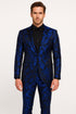 Mens Royal Blue Metallic Floral Suit – Black Background Two Piece Tuxedo Set