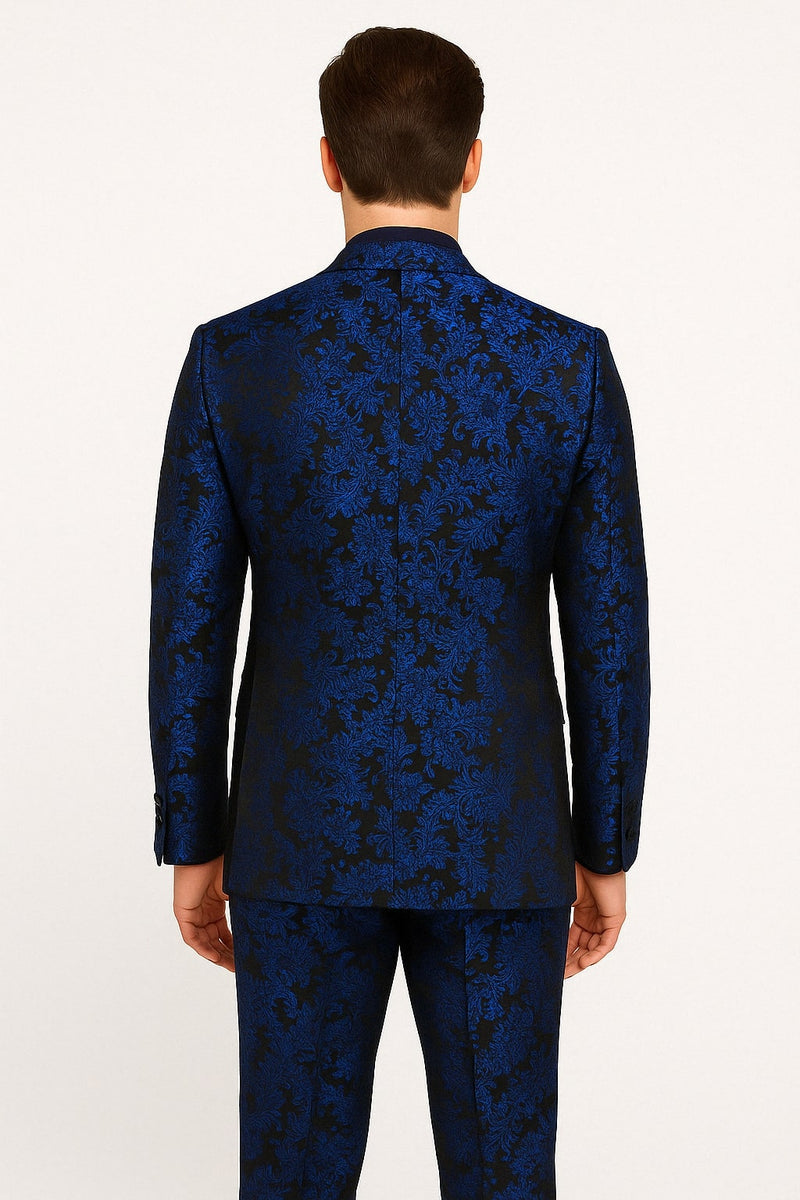 Mens Royal Blue Metallic Floral Suit – Black Background Two Piece Tuxe –  OvercoatUSA