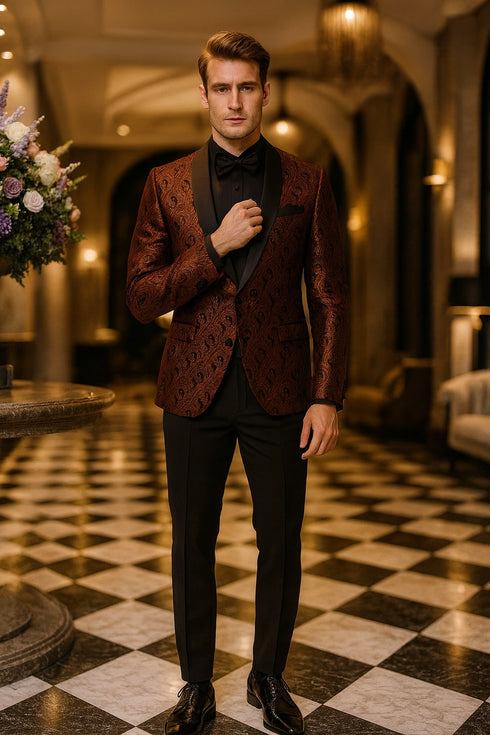 Mens Rust Copper Brick Color Paisley Tuxedo Jacket  Dinner and Wedding Blazer With Black Pants Matching Bowtie