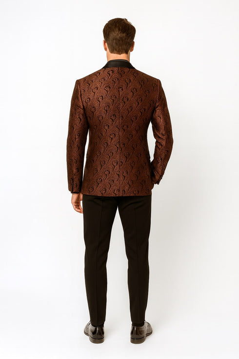 Mens Rust Copper Brick Color Paisley Tuxedo Jacket  Dinner and Wedding Blazer With Black Pants Matching Bowtie