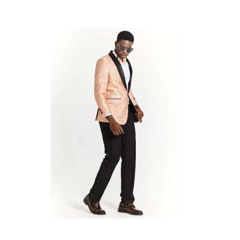 Big And Tall Tuxedo Paisley Tuxedo Sparkling Blazer - Off-White and Gold Floral Sport Coat