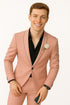 Mens Slim Fit Pink Tuxedo Suit with Black Trim – Modern Wedding and Prom Outfit in Rose Gold Blush Color