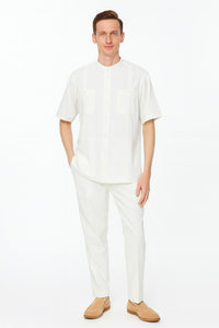 Mens White Banded Collar Two-Piece Set – Short Sleeve Shirt and Pants Banded Collar Linen Fabric