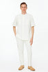 Mens White Banded Collar Two-Piece Set – Short Sleeve Shirt and Pants Banded Collar Linen Fabric
