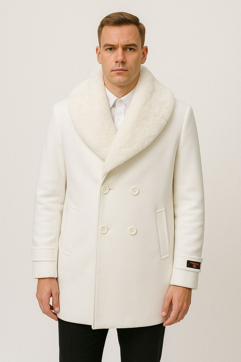 Mens White Peacoat Double-Breasted Overcoat with Faux Fur Shawl