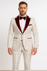 Mens White and Burgundy Pinstripe Tuxedo with Velvet Shawl Lapel and Matching Bow Tie