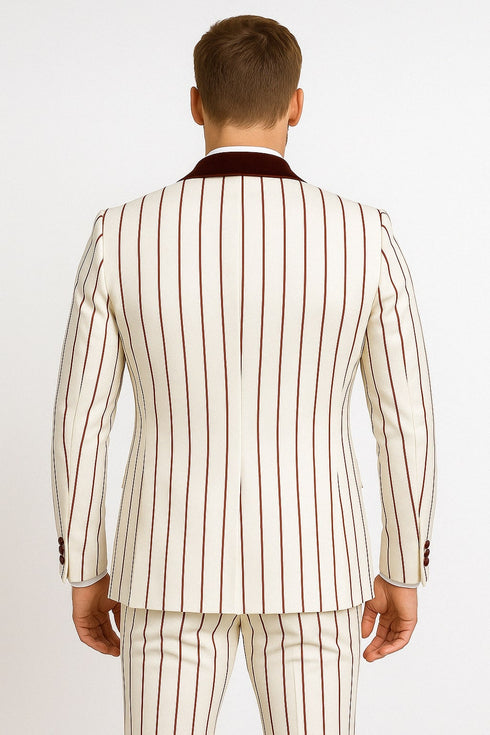 Mens White and Burgundy Pinstripe Tuxedo with Velvet Shawl Lapel and Matching Bow Tie