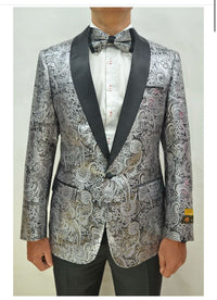 Silver and Black Tuxedo Blazer with Matching Bow Tie - Paisley Sport Coat For Prom or Wedding