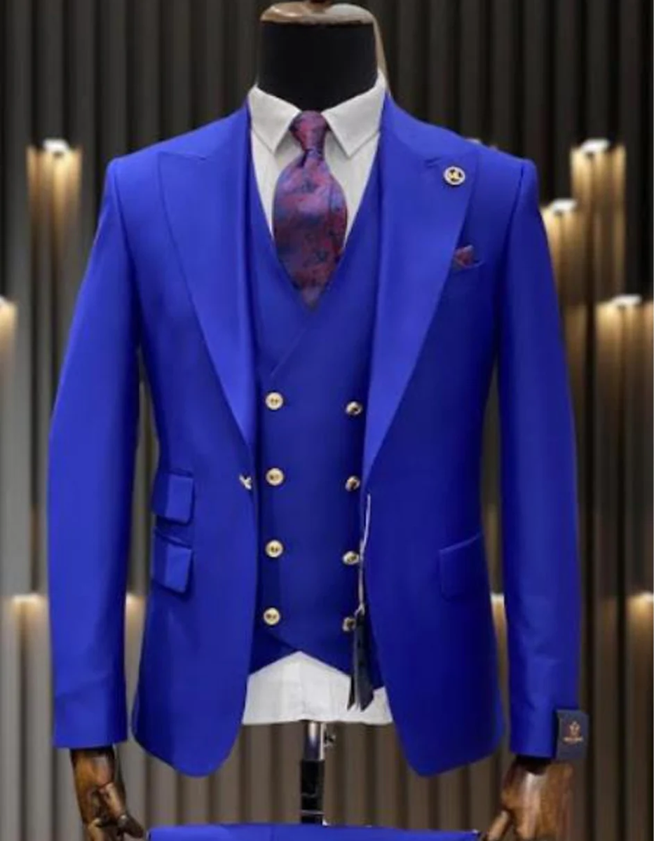 Mens One Button Peak Lapel Vested Wool Suit With Gold Buttons In Royal mens-one-button-peak-lapel-vested-wool-suit-with-gold-buttons-in-royal