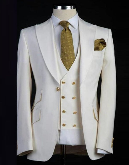 Ivory and Gold Button Wedding Suit - Off White Cream Peak Lapel with Double breasted Vest