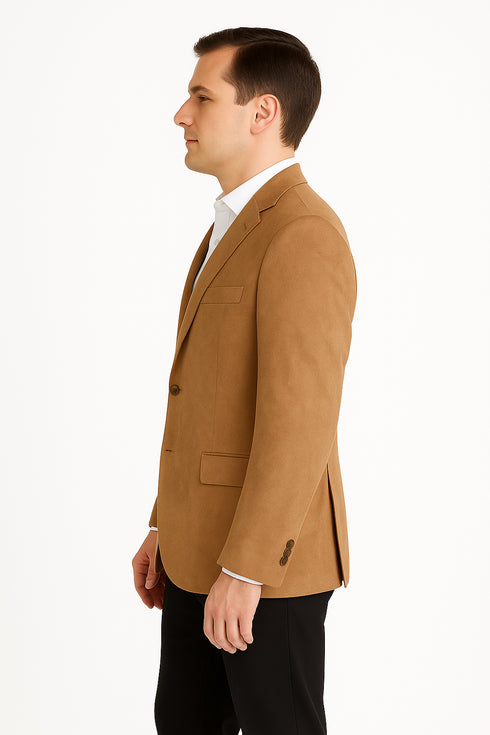 Mens Microsuede Camel Classic Fit Two Button Blazer