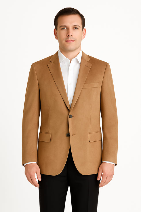 Mens Microsuede Camel Classic Fit Two Button Blazer