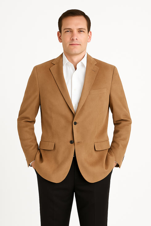 Mens Microsuede Camel Classic Fit Two Button Blazer