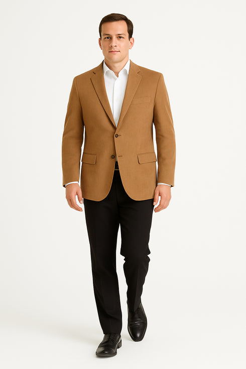 Mens Microsuede Camel Classic Fit Two Button Blazer