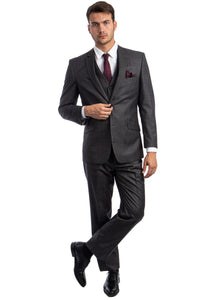 Mens Zegarie Brand Men's 100% Wool Modern Fit Vested Suit in Charcoal Grey & Burgundy Windowpane Plaid