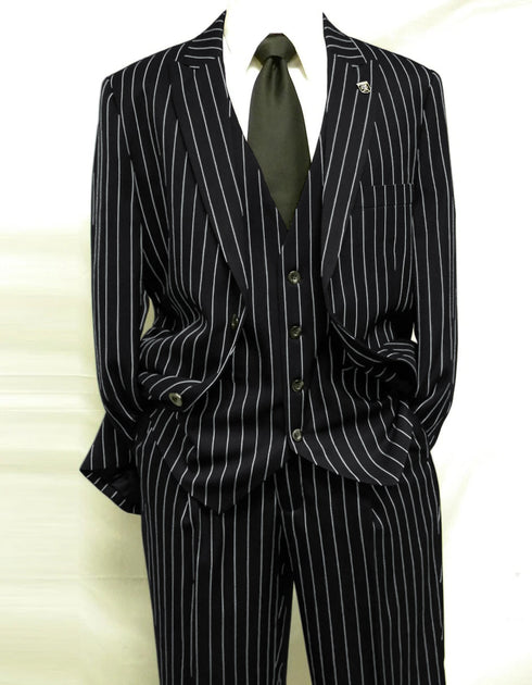 Mens 2 Button Gangster Pinstripe Pattern Suit in Black