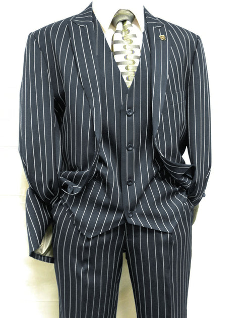 Mens 2 Button Gangster Pinstripe Suit in BLACK / GREY / NAVY / BURGUNDY