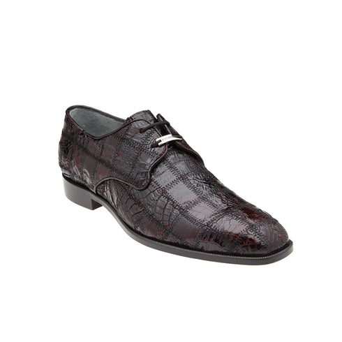 Mens Belvedere Sabato Crocodile Patchwork Oxford Dress Shoe in Black Cherry