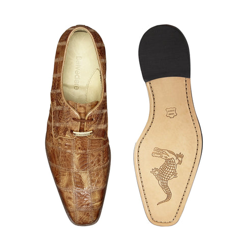 Mens Belvedere Sabato Crocodile Patchwork Oxford Dress Shoe in Honey Tan