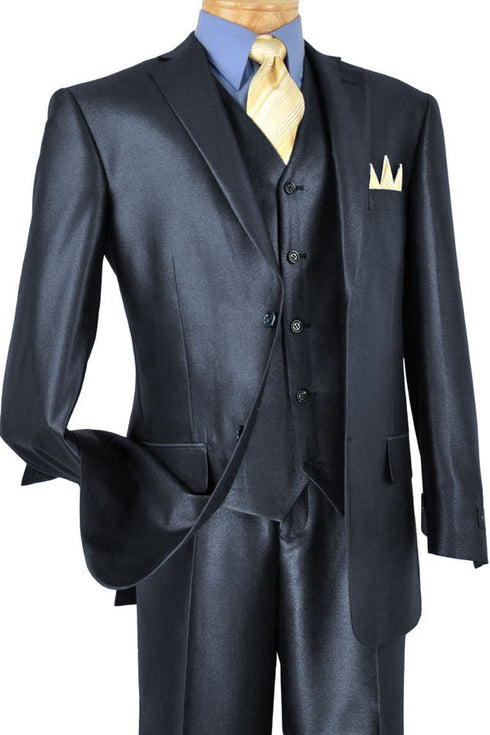 Mens Classic Vested Shiny Sharkskin Blue Suit