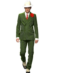Mens Double Breasted Gangster Six Button Suit in Black/Black and Red Pinstripe