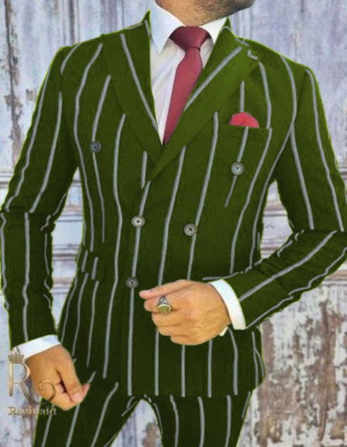 Mens Double Breasted Gangster Six Button Suit in Black/Black and Red Pinstripe