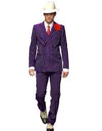 Mens Double Breasted Gangster Six Button Suit in Black/Black and Red Pinstripe
