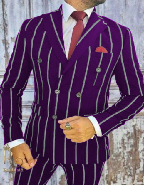 Mens Double Breasted Gangster Six Button Suit in Black/Black and Red Pinstripe