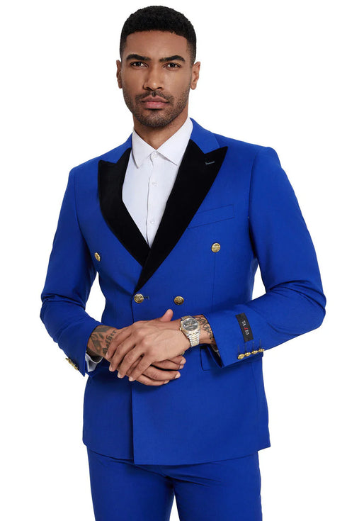 Mens Double Breasted Wedding Suit With Velvet Peak Lapel and Gold Buttons in Royal Blue