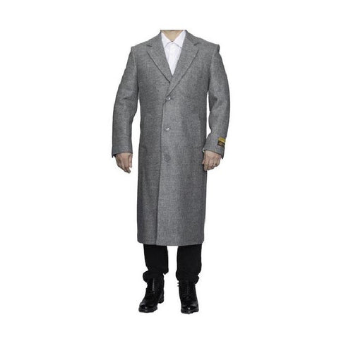 Mens Full Length Wool Light Grey Top Coat / Overcoat