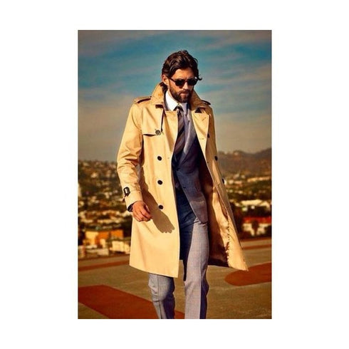 Mens Hidden Buttons high fashion flip up collar khaki trenchcoat