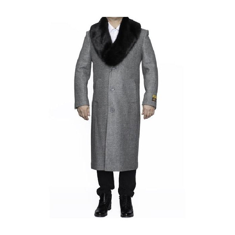 Light Grey Removable Fur Collar Ankle length Wool Dress Top Coat/Overcoat - Mens Overcoat
