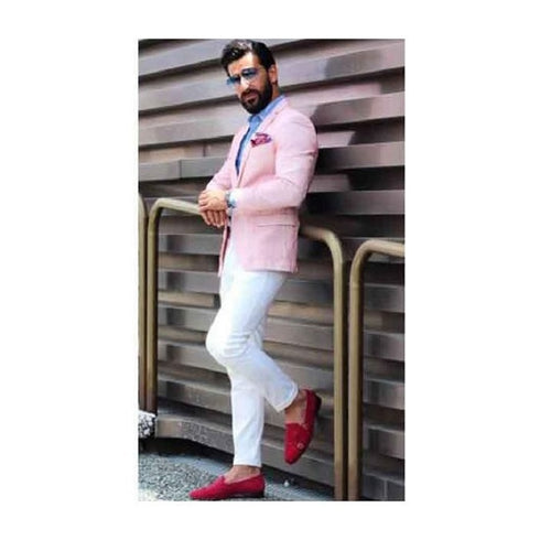 Mens Notch Lapel Slim Fit Single Breasted Pink Linen Fabric