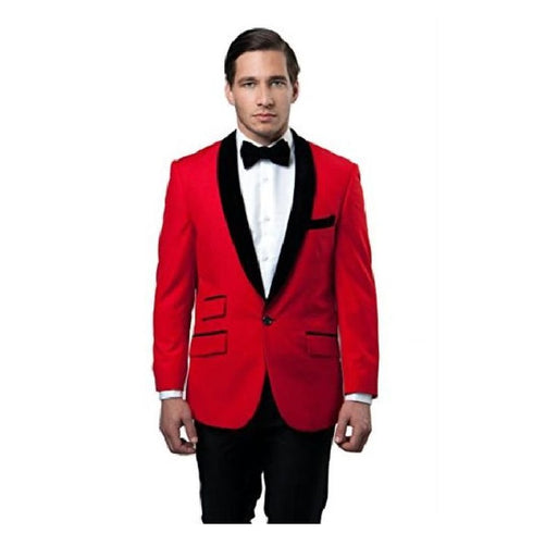 Mens One Button Velvet Tazio Slim Fit Red Blazer Jacket