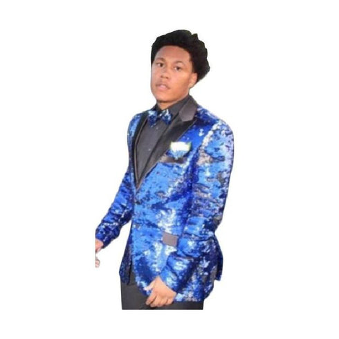 Mens Peak Black Lapel Royal Blue Sequin Shiny Tuxedo Blazer