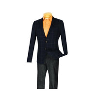 Mens Plaid Windowpane Slim Fit Navy Blazer Sport Jacket