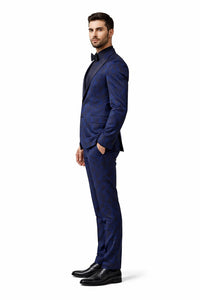 Mens Prom Tuxedo Paisley Suit - Wedding Floral Suit- Midnight - Royal - Navy Blue Wedding Jacket + Vest + Pants