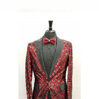 Mens Red ~ Black Slim Fit Peak Lapel 1 Button Sequin Shiny