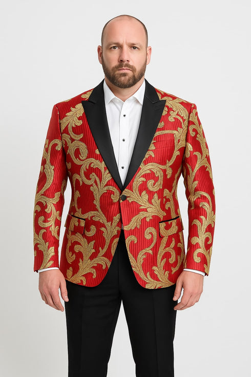 Mens Red and Gold Embroidered Tuxedo Blazer – Baroque Style One Button Dinner Jacket with Black Satin Lapel