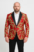 Mens Red and Gold Embroidered Tuxedo Blazer – Baroque Style One Button Dinner Jacket with Black Satin Lapel